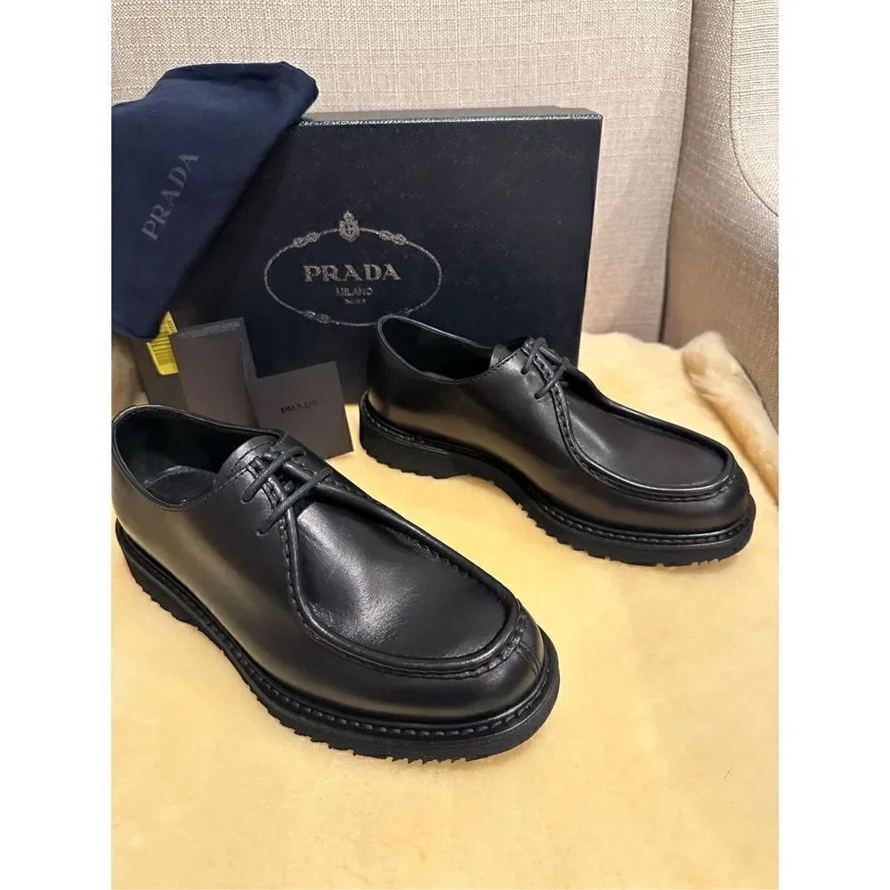 Prada Men’s brushed leather lace-up black loafers Sz US 5,5/ EU 38,5-39 NIB